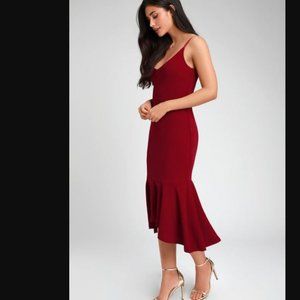 Lulus Bodycon Ruffle Burgundy Midi Dress
